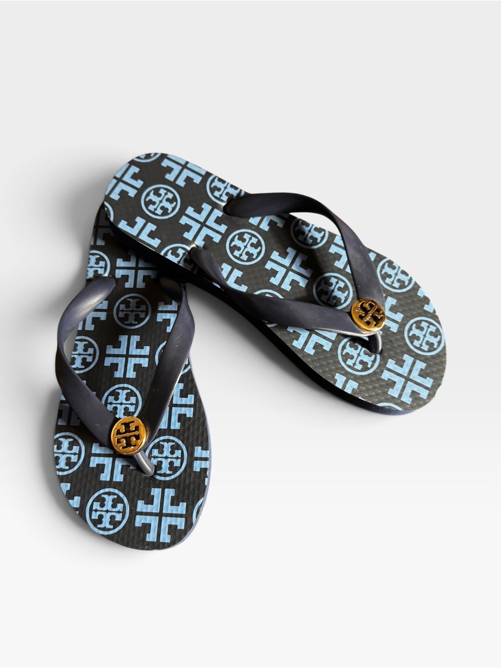 Tory Burch Navy Sea Black and Light Blue Logo Flip Flops with Gold Emblem